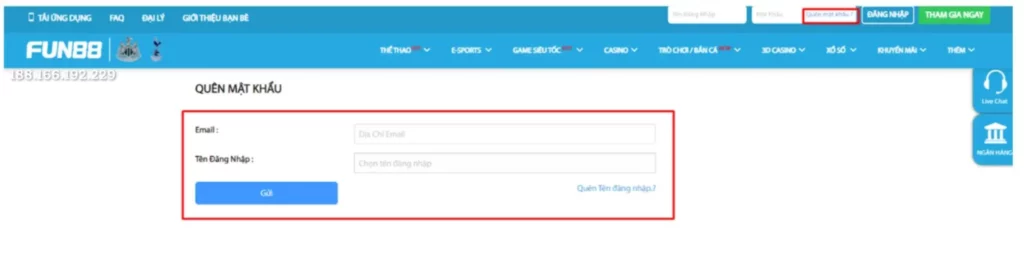 Điền thông tin để lấy lại mật khẩu tài khoản Fun88