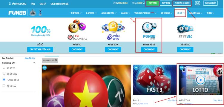 Đăng nhập Lotto Fun88 và chuyển quỹ